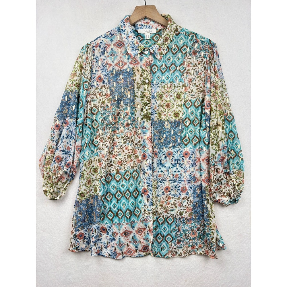 Haver + Blair Blouse Womens 1X Gold Foil Patchwork Boho Romantic